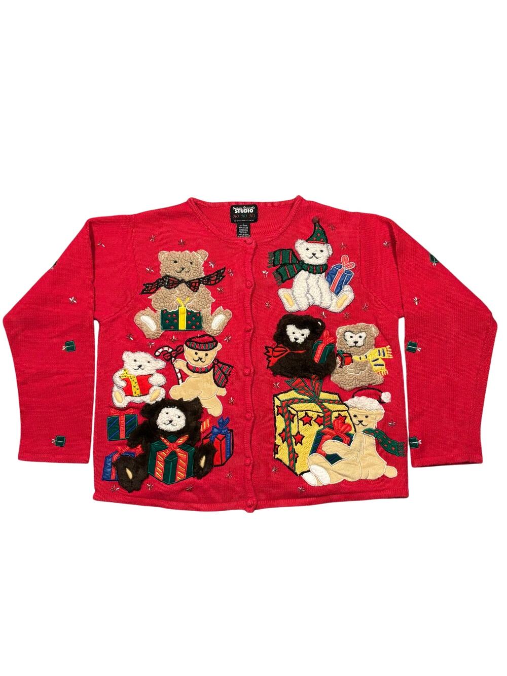 Designers Originals Vintage Red Teddy Bear Christmas Cardigan Sweater WMNS Large